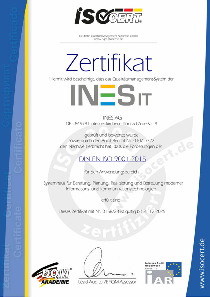 Zertifikat DIN EN ISO 9001:12015
